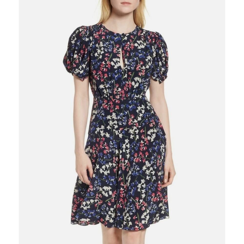 Lewit Women's 8 Floral Puff Sleeve Silk A-Line Dress Navy Keyhole Neck Colorful